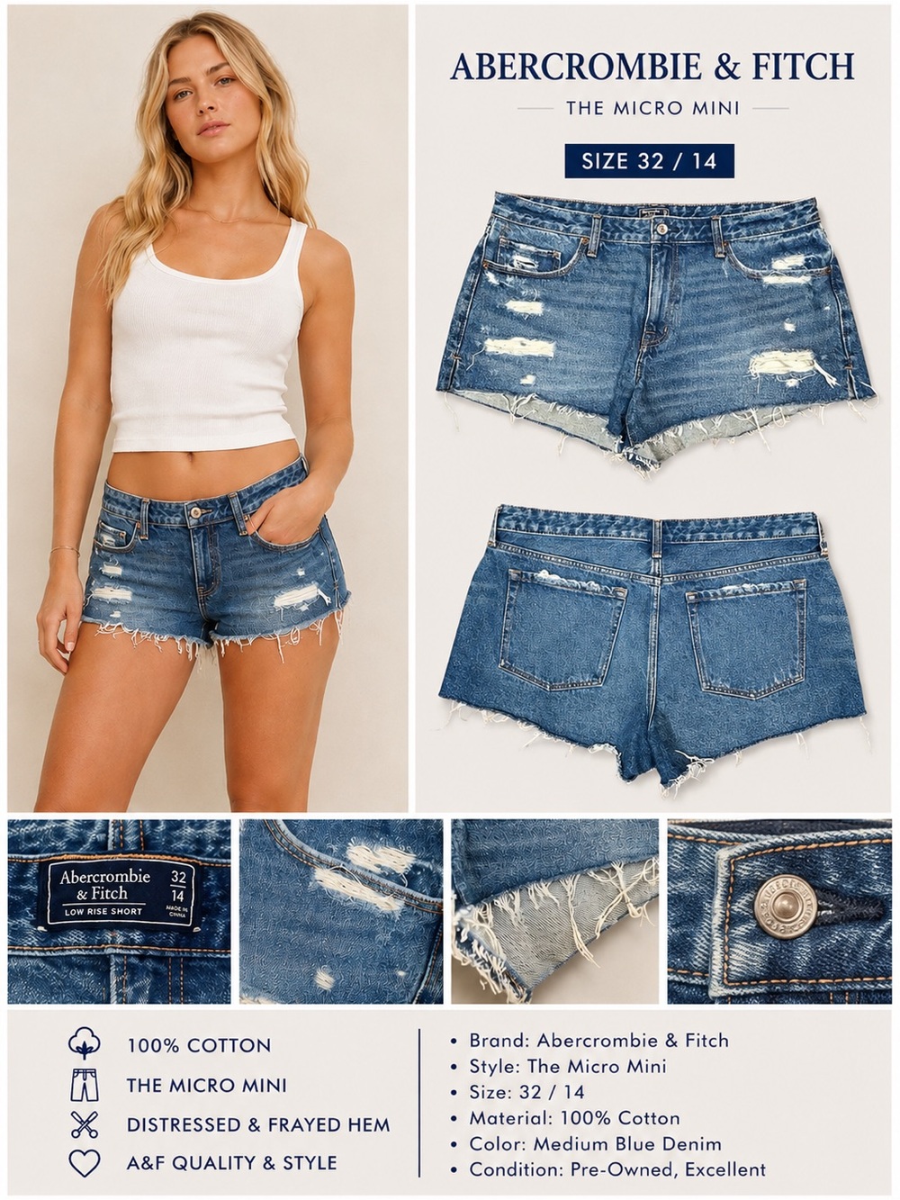 Abercrombie & Fitch Distressed Low Rise Micro Mini Denim Shorts Size 32 / 14